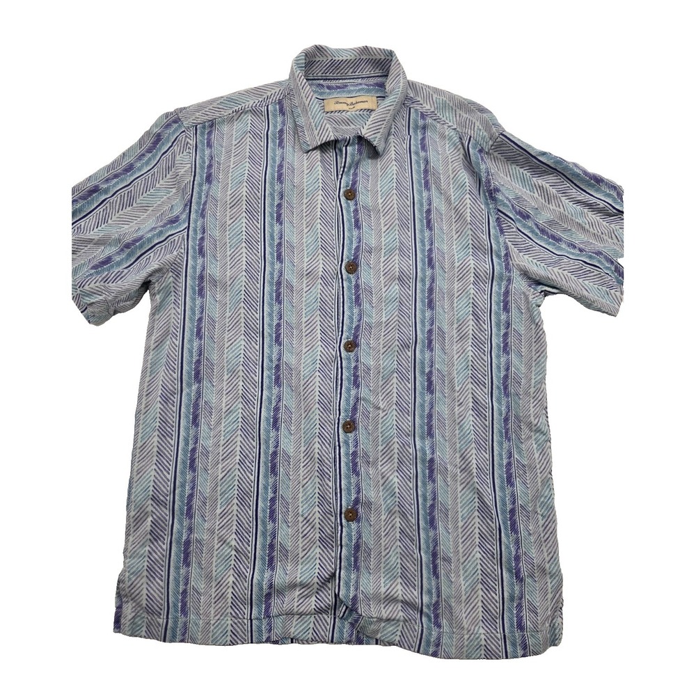Tommy Bahama Shirt Men's Size S‎ 70% Silk Blue Herringbone Geometric Button Up